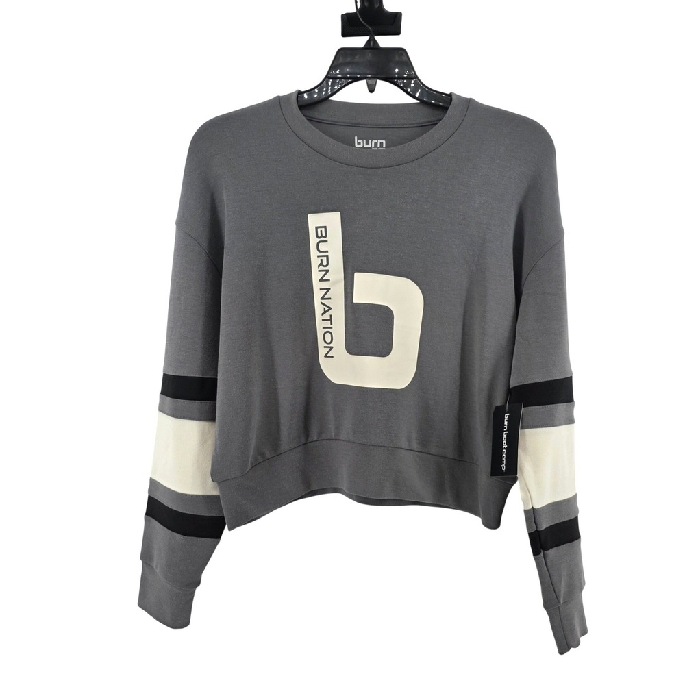 Burn Boot Camp Womens Gray Cropped Sweatshirt Striped Sleeve Size Medium